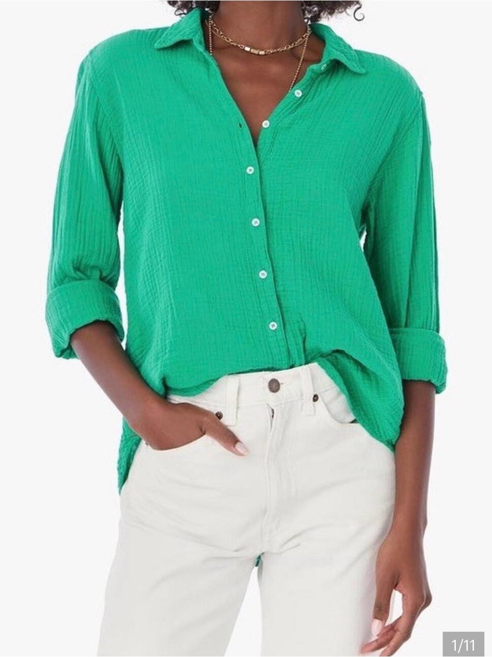 XiRENA Emerald Green Button-Front Cotton Shirt